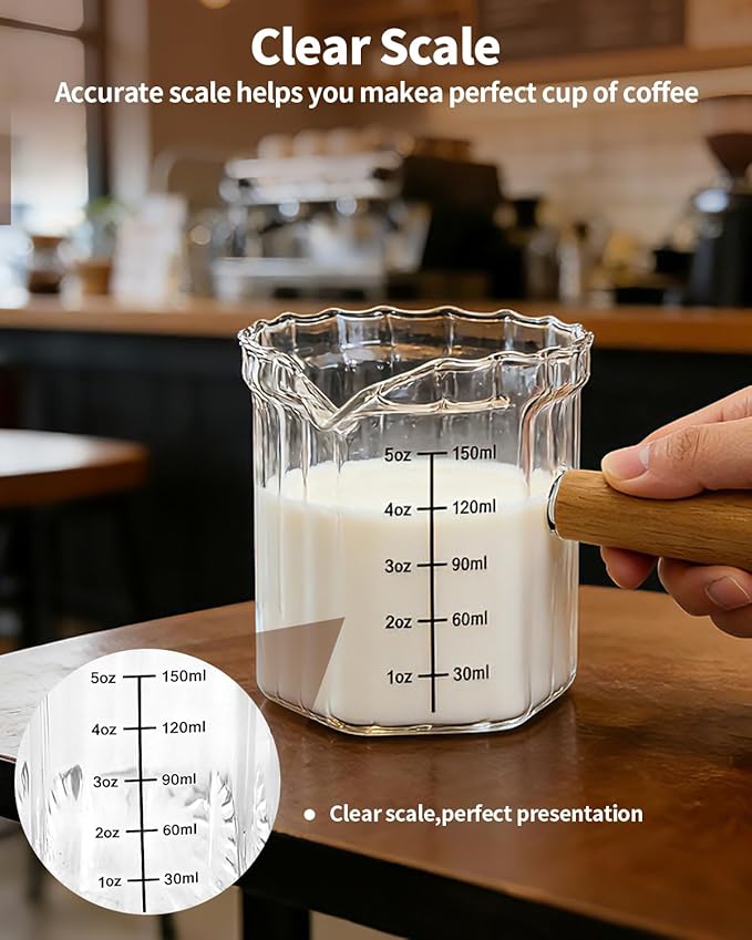 Espresso Measuring Cup 5 Oz, Espresso Glass Cups with Wood Handle, Milk Frothing Cup, Espresso Cup for Coffee, Milk, Tea or Maple Syrup Serving (Transparent, 5 oz)