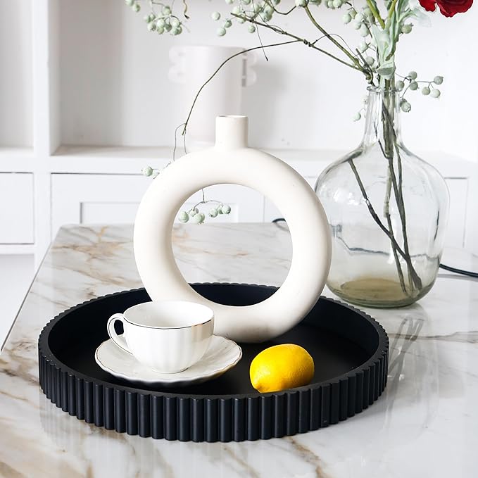 Round Decorative Tray for Coffee Table Decor, 11.8in Black Decorative Serving Tray for Kitchen Counter,bandejas decorativas, Wooden Serving Tray for Party