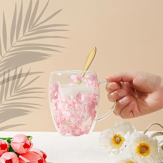 Gifts for Women Dried Flowers Double Wall Glass Coffee Mugs Cute Glass Tea Cups with Handles Autumn Mug Christmas Birthday Gifts for Best Friend Teacher Mum Gift New Home Gift Ideas Home Decor