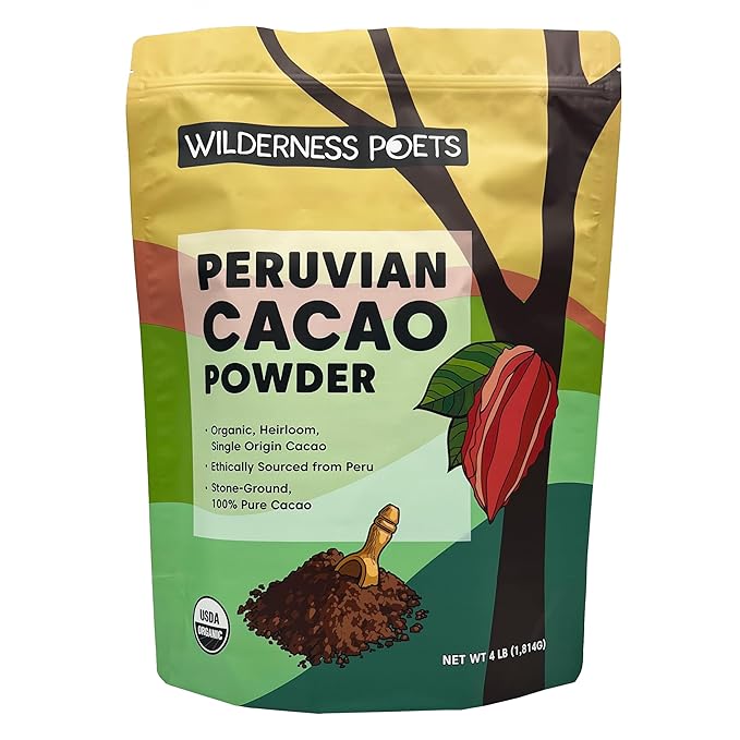 Wilderness Poets, Organic Cacao Powder. Unsweetened, 100% Peruvian Heirloom Cacao (Criollo Variety) - 4 Pound - 64 Ounce Bulk Size