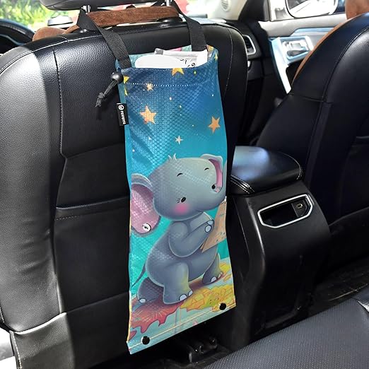 ALAZA Hanging Car Trash Bags Garbage Bag Trash Can for Back Seat Small Elephant Reading Washable Storage Bag Retractable 2 Pack