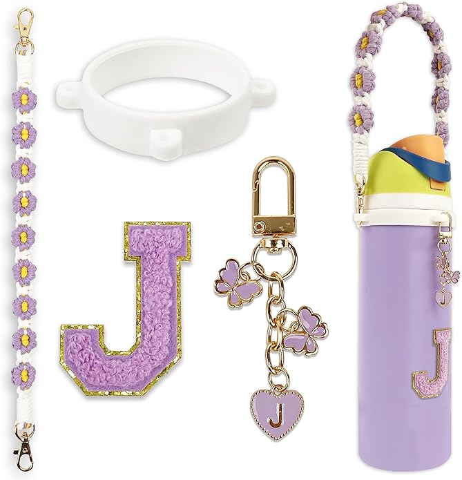 Compatible with Owala Water Bottle Accessories, Cute Letter Charm Set with Boho Handle Strap, Monogram Sticker, Silicone Ring, Keychain Decoration, for FreeSip 24 32 40oz, Owala Kids, Tumbler Gift
