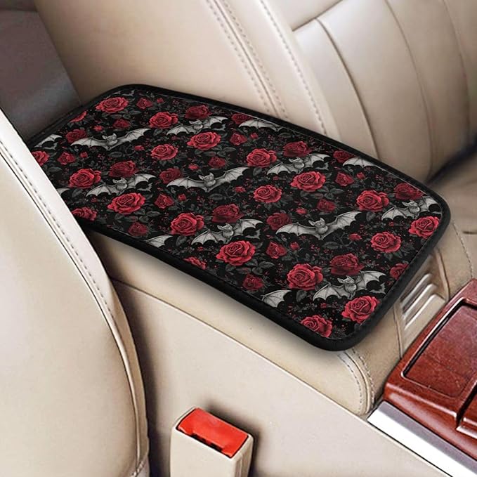 Goth Bat Rose Center Console Cover Pad, Car Armrest Seat Box Cover Cushion Universal for Most Vehicle SUV Truck, Car Interior Accessories Decor, Protect from Pet Claws & Dirt