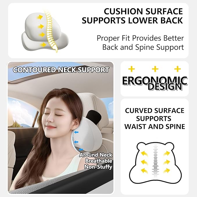 Cute Panda Car Neck Pillow & Lumbar Support Memory Foam Cushion for Driving Adjustable Headrest Waist Pillow for Most Seats (Brown, Headrest)