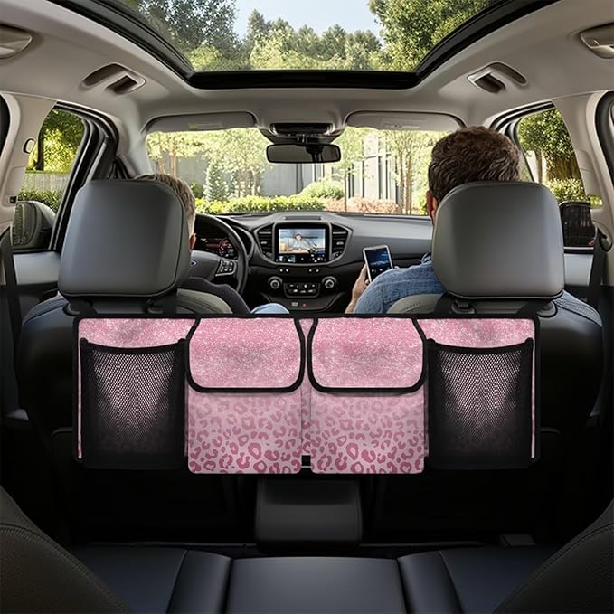 SEANATIVE Shiny Pink Leopard Car Trunk Organizer, Backseat Hanging Organizer with 4 Large Storage Bag Super Capacity -Trunk Organizer for SUV,Truck,Van -Your Space Saving Expert