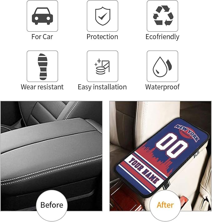 Custom New York Car Armrest Covers Personalized Football Style with Name Number Customized Auto Center Console Pad Car Handrail Box Cushion for Most Vehicle Decor Accessories, Fans Gift