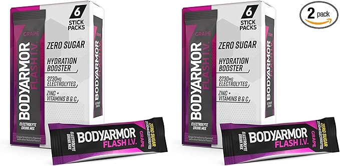 BODYARMOR Flash IV Electrolyte Packets, Grape - Zero Sugar Drink Mix, Single Serve Packs, Coconut Water Powder (6 Count) (Pack of 2)