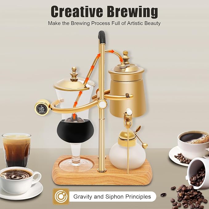 Balance Syphon Siphon Coffee Maker, Belgium Royal Family Glass Siphon Coffee Maker, Vintage Vacuum Coffee Brewer, Retro-Style Coffee Brewing System (400 ml, Gold)