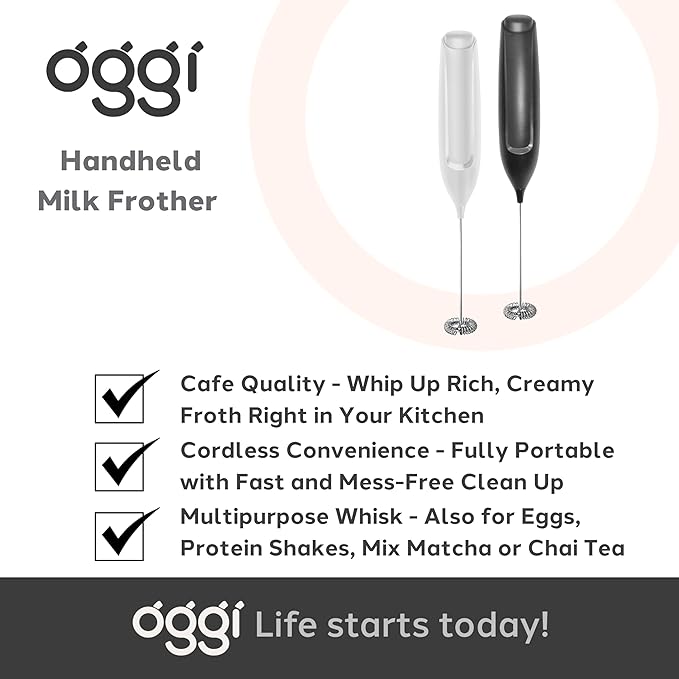 Oggi Handheld Milk Frother, Electric Frother Wand with Stainless Steel Whisk, Mini Whisk for Coffee, Matcha, Latte, Protein, Eggs & More, Battery Operated Compact Frother for Kitchen or Travel, Black