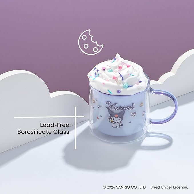 JoyJolt Hello Kitty Double Wall Insulated Coffee Mug ft Kuromi, 13.5 oz Glass Cup, Cute Drinking Glassware ideal for Latte, Iced Coffee, or Tea, Kawaii Hello Kitty Merch, Sanrio Accessories