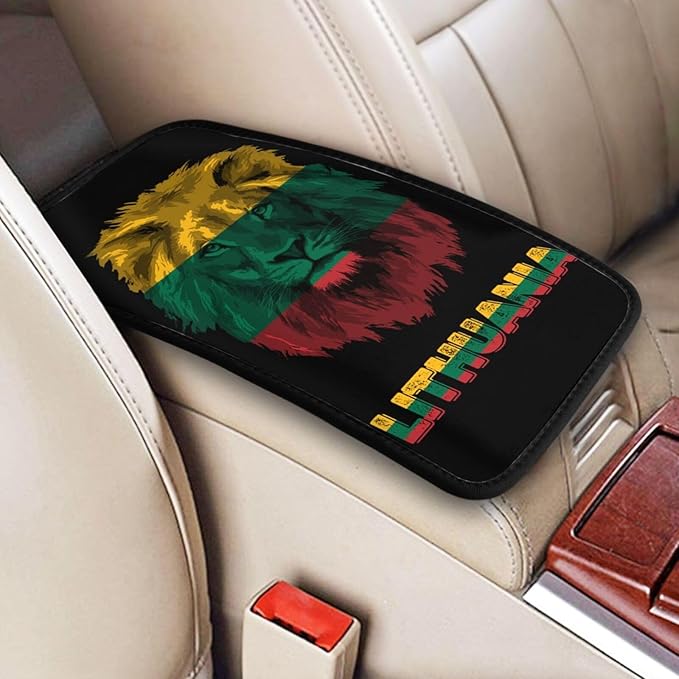 Vintage Lithuania Lithuanian Flag Lion Head Auto Center Console Armrest Cover Car Handrail Box Cushion Pad Mat Universal Fit Most Vehicle Sedan Truck SUV Soft Comfort Decor Accessories