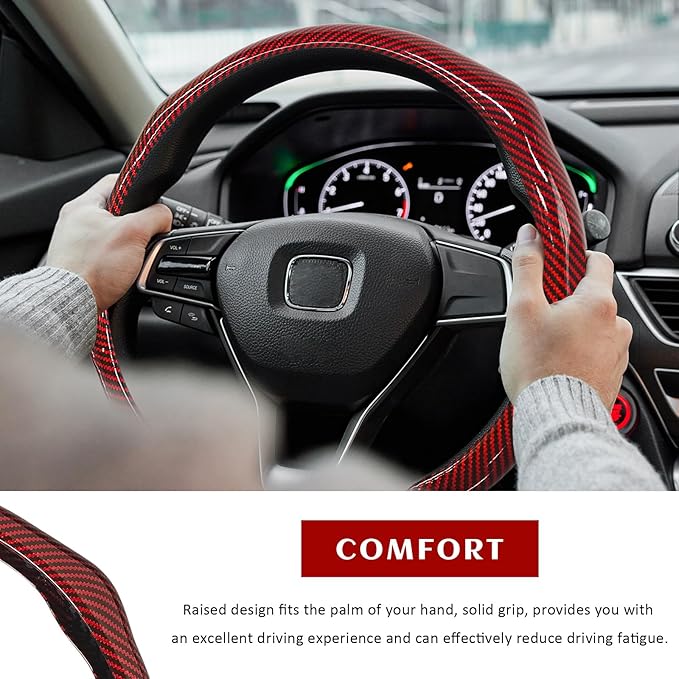 Sun Walker Carbon Fiber Car Steering Wheel Cover, 15" Anti-Slip Wear-Resistant Steering Wheel Protector Stylish Interior Decor, Ultra-Thin Comfortable Leather Wheel Cover for Women Men (Red)