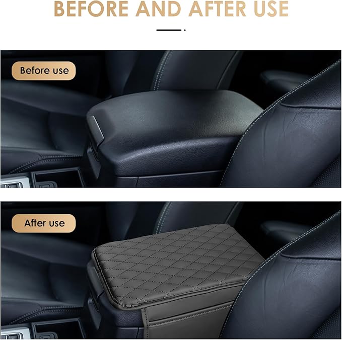 Car Center Console Cover, Leather Car Arm Rest Cover with 2 Storage Bags, Universal Auto Armrest Cushion Pad, Automobile Interior Accessories Protector for Most Vehicles, SUVs, Trucks (Black)