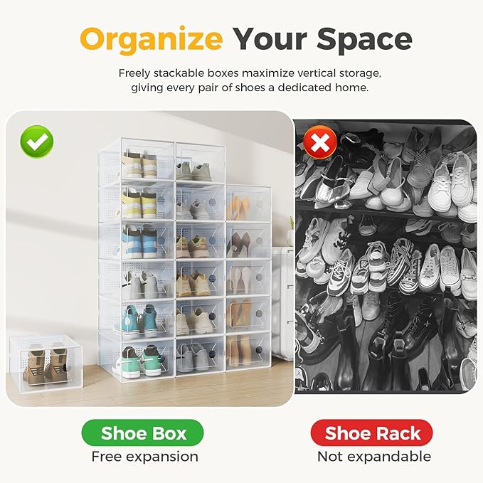 Sweetcrispy Shoe Storage Boxes, Clear Plastic Stackable Shoe Rack Organizer with Lids for Closet, Foldable Sneaker Container, Under Bed and Entryway, 15 Pack, Clear White