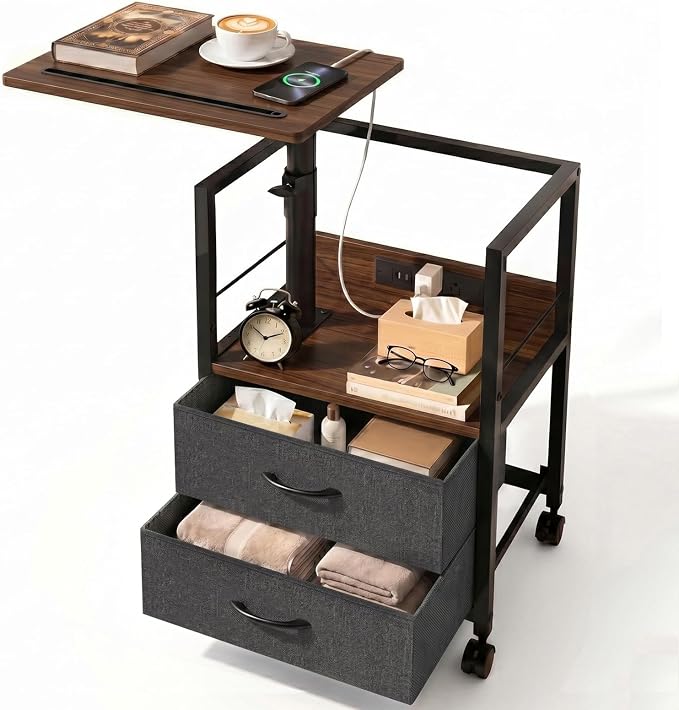 Faesun Swivel Lift Top Nightstand with Charging Station, Rolling Side Table for Recliner, Bedside Table with Wheels & 2 Fabric Drawers, for Small Spaces, for Bedroom, Living Room, Walnut Gray