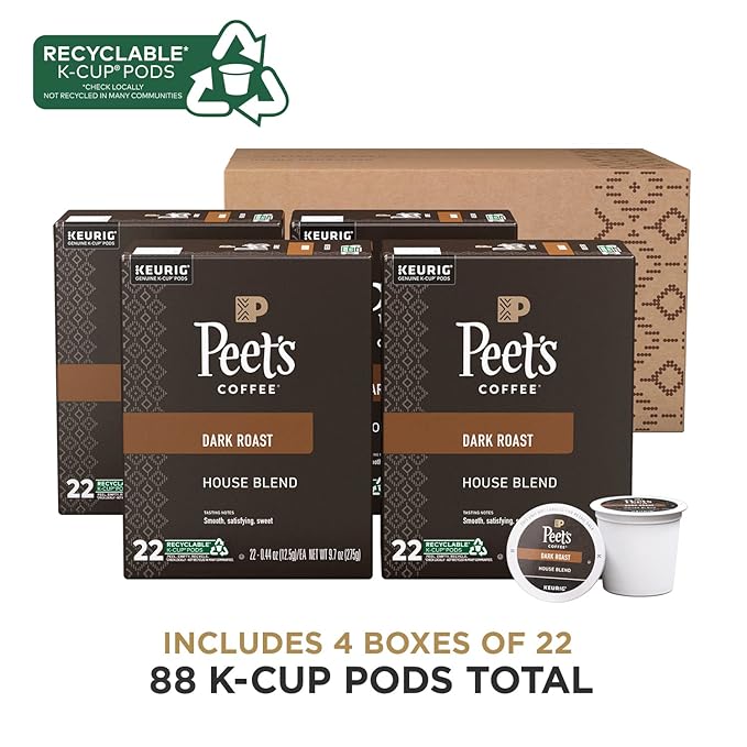 Peet's Coffee, Dark Roast Keurig K-Cup Pods, 100% Arabica Coffee - House Blend 88 Count (4 Boxes of 22 Pods)