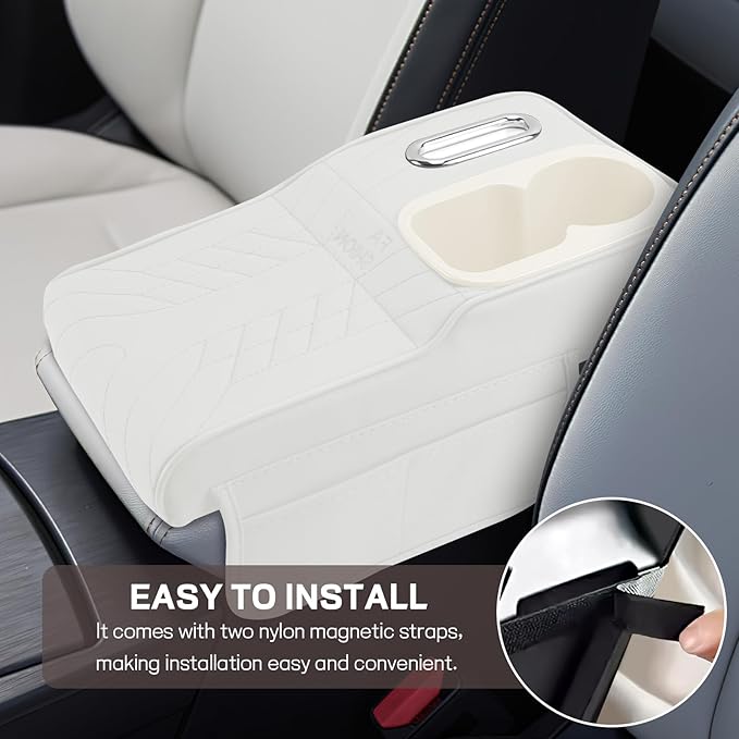 Car Center Console Armrest Pillow, 13.4"×7.5"×2" Leather Auto Arm Rest Cover with Pocket & Tissue Box & Cup Holder, Multifunctional Vehicle Armrest Cushion Pad, Car Accessories (White)