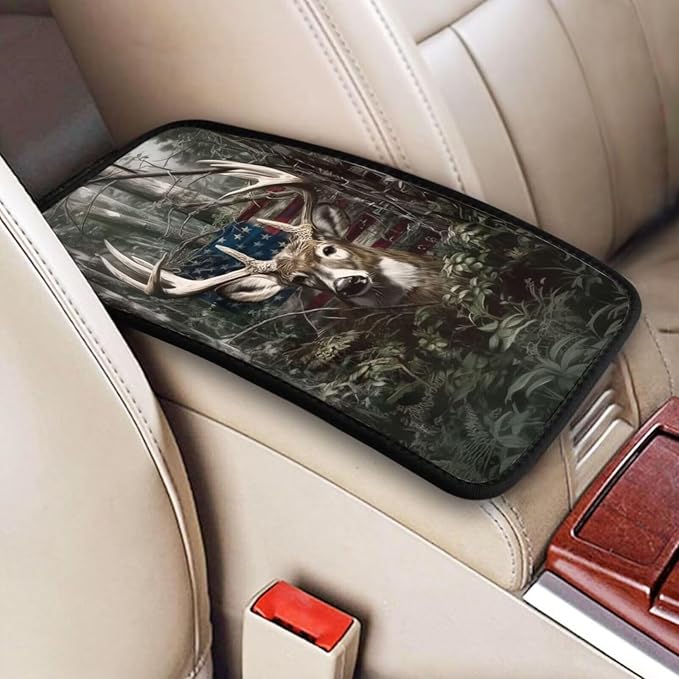 Car Center Console Cushion Pad American Flag Elk Universal Armrest Seat Box Cover Protector Jungle Vintage Animal Comfortable Car Decor Accessories Fit for Most Cars, Vehicles, SUVs