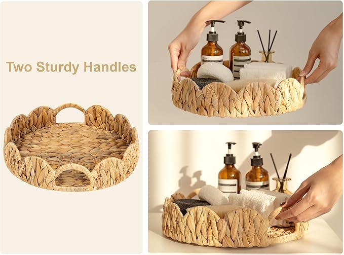 StorageWorks Scalloped Tray, Round Basket Tray Wicker Rattan Serving Tray with Handles, Scallop Basket Table Décor Trays, Water Hyacinth