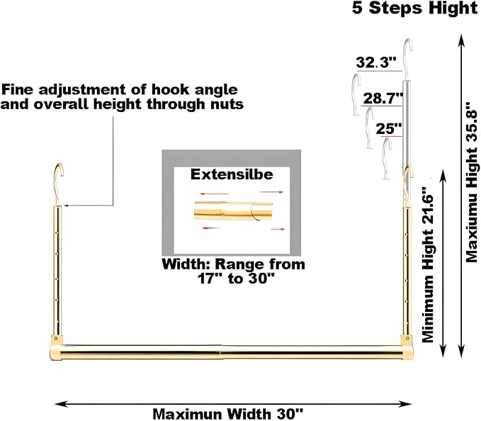 Adjustable Hanging Closet Rod, Extender Hanging Rod, Closet Hanging Organizer, Heavy Duty Closet Bar, Hanging Rod (Gold, 2 Pack)