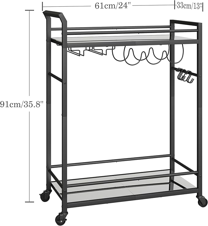 3 Tier Bar Cart, Small Beverage Cart, Mini Bar Cart with Wine Rack, Home Bar Serving Cart with Wheels for Kitchen Dining Living Room (Black, Mirrored)