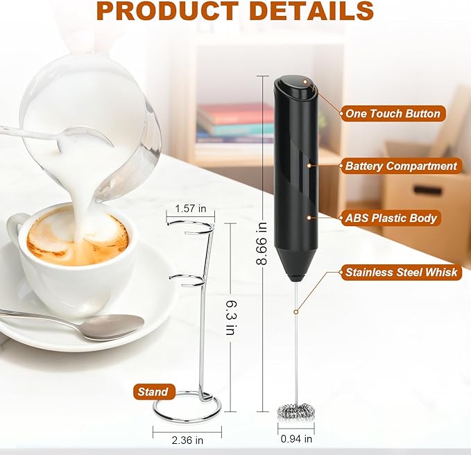 Handheld Milk Frother, Battery Operated Electric Foam Maker, Milk Frother Wand Drink Mixer with Stainless Steel Whisk for Coffee, Matcha, Lattes, Cappuccino (Black with stand)