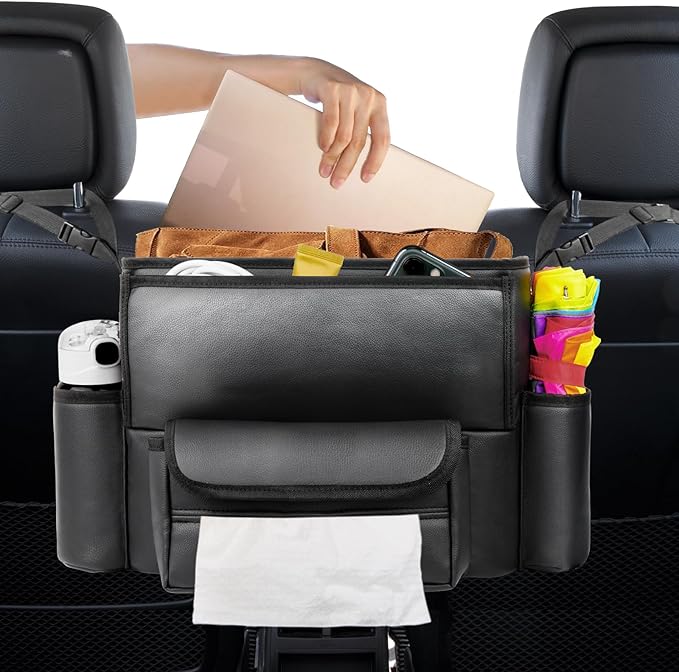 Car Purse Holder Between Seats, Car Seat Purse Handbag Holder, Automotive Consoles Organizers Storage Barrier Car Interior Accessories, Leather Large Capacity (Black)