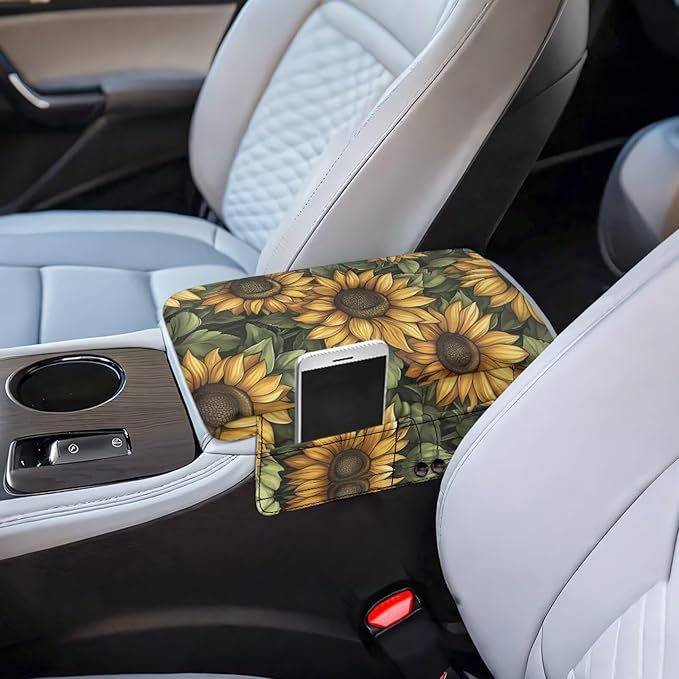 Dreaweet Car Center Console Cover with Pockets Vintage Sunflower Print Car Accessories Soft Thick Car Arm Rest Cover Pad Universal Armrest Cover for Car Truck SUV Van