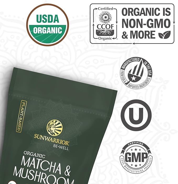 Sunwarrior Organic Matcha Mushroom Powder Supplement | Mushroom Matcha Coffee Alternative Blend of Ceremonial Grade | 90g Pouch 30 Servings Be Well