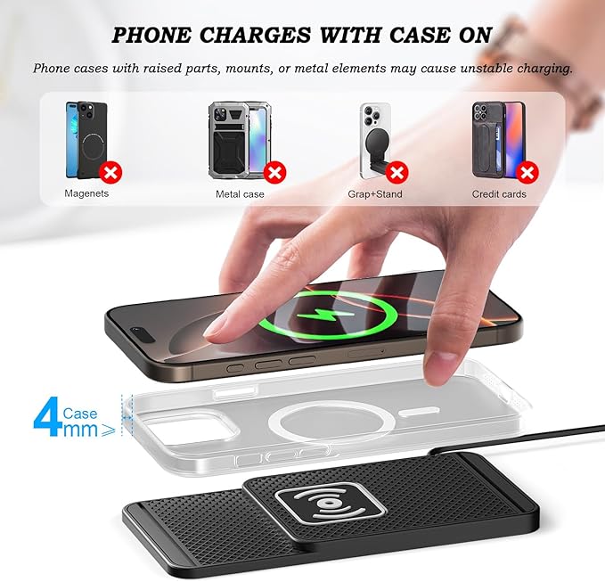 Cord‑Free Charging Pad, 20W Car Charger Pad for Phones, Dashboard & Desk Charging, Phone Charger for Vehicles & Office Use,A USB 30cm