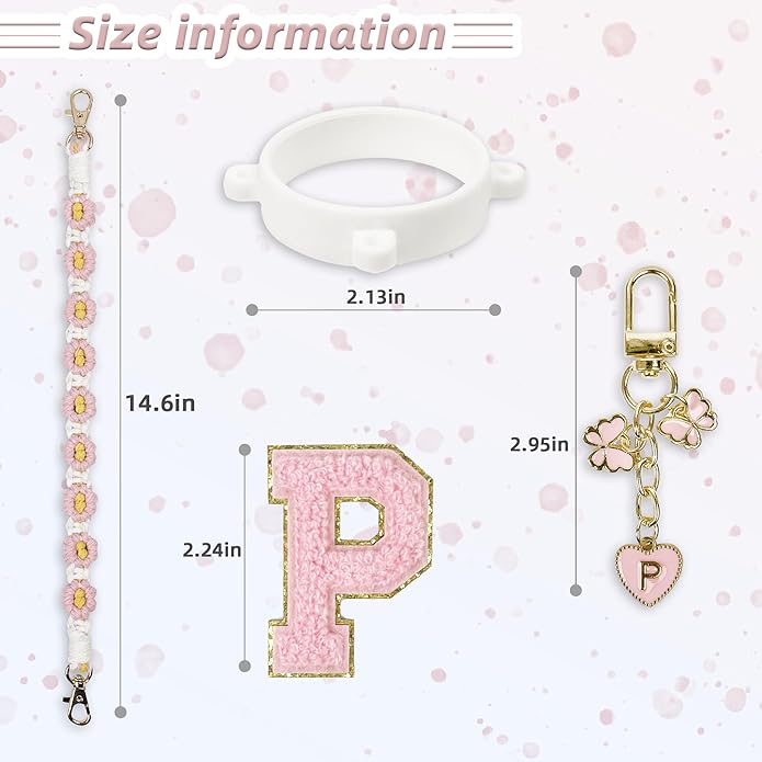 Compatible with Owala Water Bottle Accessories, Cute Letter Charm Set with Boho Handle Strap, Monogram Sticker, Silicone Ring, Keychain Decoration, for FreeSip 24 32 40oz, Owala Kids, Tumbler Gift