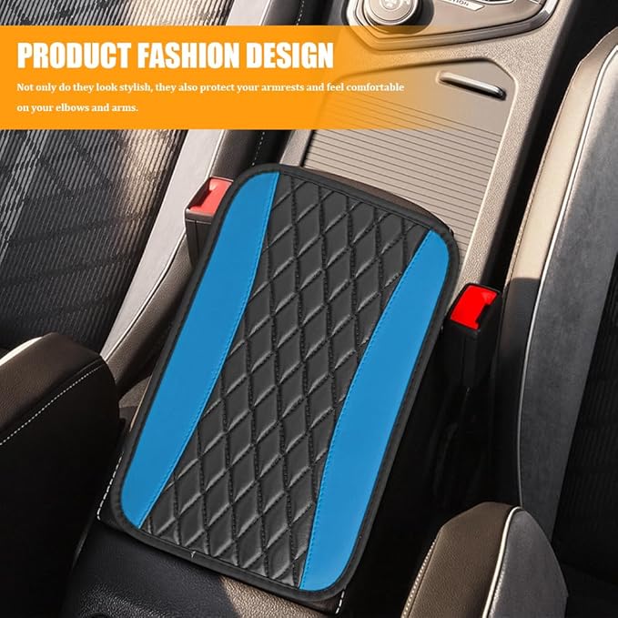 Car Center Console Cover, Leather Waterproof Armrest Seat Box Cushion Pad, Universal Decor Protector Mat, Comfortable Car Decor Accessories Fit for Most Cars, Vehicles, SUVs (Blue)