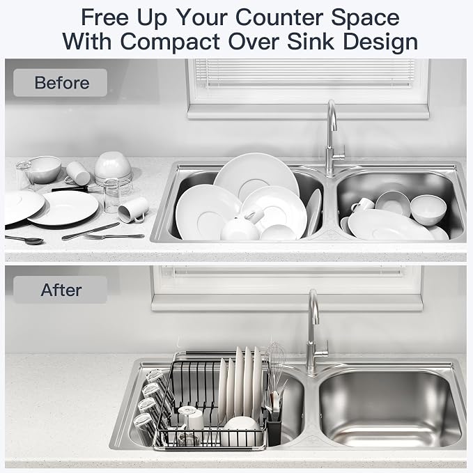 MAJALiS Dish Drying Rack Over The Sink with Utensil Holder | Expandable Stainless Steel Dish Drainer for Small Kitchen, Apartment, RV, Counter Space Saving, Perfect Fit, Rustproof