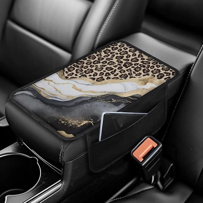 BIGCARJOB Marble Texture Armrest Cover for Car Center Console,Leopard Print Car Center Console Cover Automotive Car Armrest Cover Cushion with Side Pockets,Universal for Most Cars