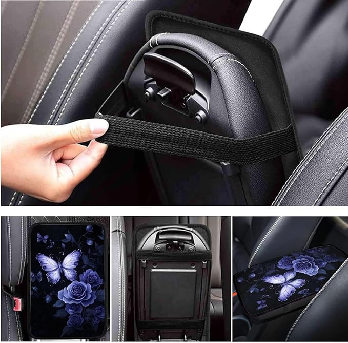 White Butterfly Steering Wheel Covers Set for Women Rose Flower Cup Coaster Armrest Cover Handbrake Gear Cover Suit for Most Cars Truck Vans SUV