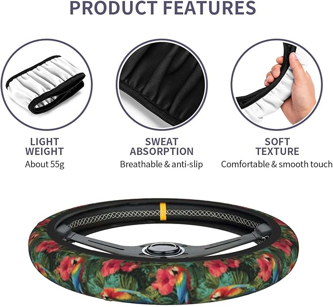 Tropical Floral Steering Wheel Cover Elastic Non-Slip Car Steering Wheel Covers with Seat Belt Shoulder Pad for Women Men