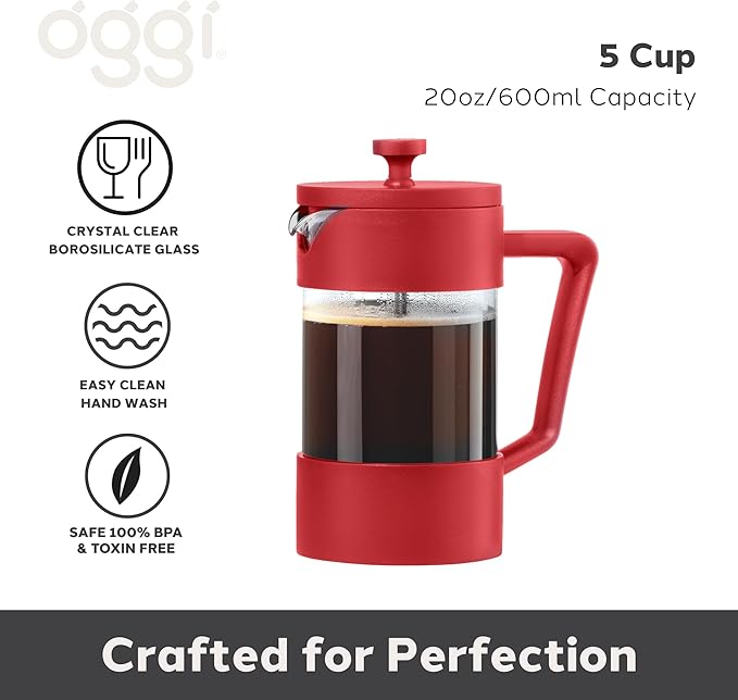 Oggi Borosilicate Glass French Press Coffee Maker (20oz)- 5 Cup Capacity, Coffee Press, Single Serve Coffee Maker, Stainless Steel Lid & Plunger, Make Great Coffee Gifts, Red