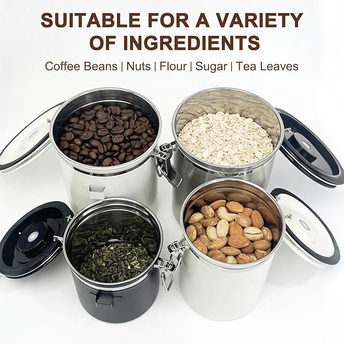 2.8L Airtight Vacuum Coffee Canister, Stainless Steel Storage Container for Coffee Beans and Grounds with Scoop.Suitable for coffee powder, coffee beans, rice, tea leaves, sugar, flour, and grains