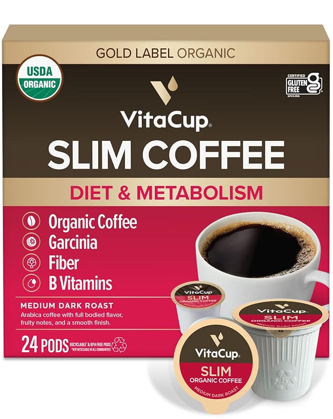 VitaCup Slim Organic Coffee Pods, Diet Support with Ginseng, Garcinia, B Vitamins, Bold Medium Dark Roast, Single Serve Pod, Compatible with Keurig K-Cup Brewers,24 Ct