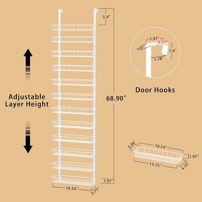 Churboro Over the Door Pantry Organizer Rack with 12 Adjustable Baskets, 12 Tiers Dual-use Spice Rack- Hanging or Wall Mount Spice Rack, Pantry Door Organizer, White