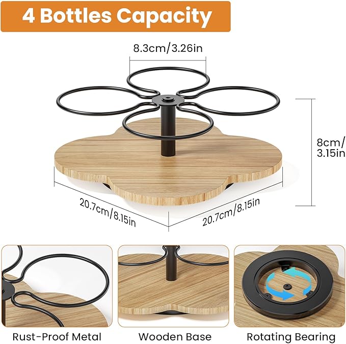 THYGIFTREE Rotating Coffee Syrup Organizer 4 Bottles Syrup Rack for Countertop Wood Bottle Holder Stand for Coffee Bar Station, Wood