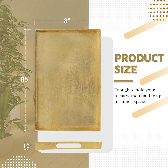 MAONAME Gold Decorative Tray with Handles, Foil Serving Tray for Ottoman, Rectangular Coffee Trays for Living Room, Bathroom, 11.8" L x 8" W x 1.6" H
