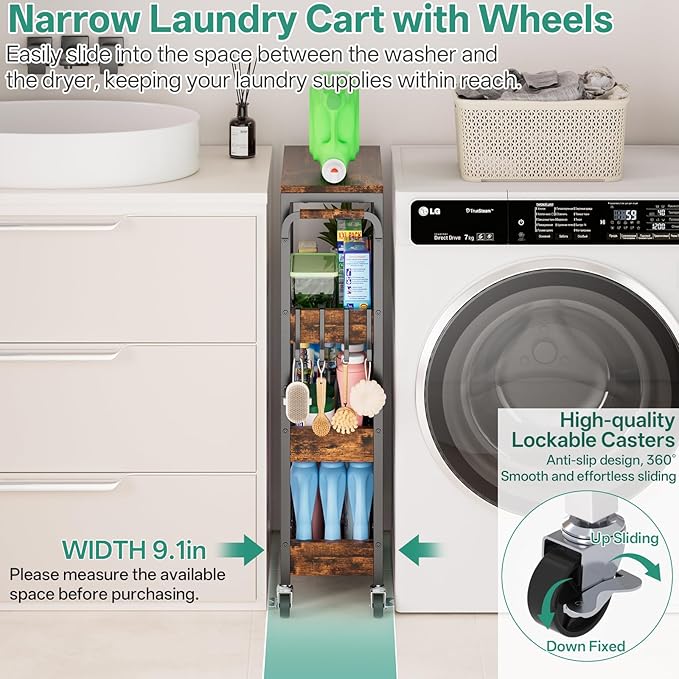 Slim Rolling Storage Cart, 4 Tier Small Organizer Cart with Wheels, Metal Utility Shelf Kitchen Bathroom Laundry Room Organization Trolley with Handle for Narrow Space (9.1" Overall Width)