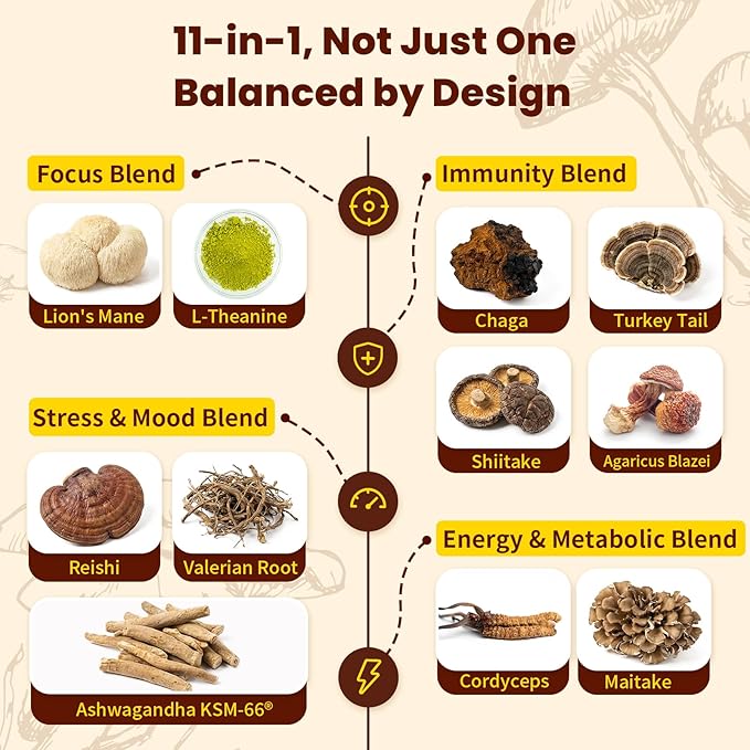 Mushroom Coffee - 11 in 1 Mushroom Blend with Lions Mane,Ashwagandha KSM-66 & L-Theanine Instant Mushrooms Coffee Packets for Energy, Focus & Digestion Sugar-Free 16 Servings Flavor Variety