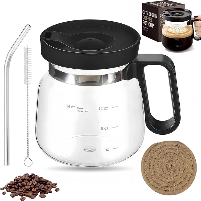 16 Oz Glass Coffee Pot Mug, Mini Coffee Pot Cup, Novelty Heatproof Large Capacity Clear Cup with Handle & Spill Proof Lid, Comes Straw & Coasters, Talk About for Coffee Lovers & Office Desk
