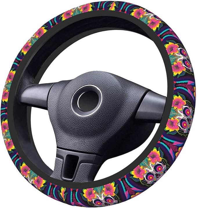 Psychedelic Pot Leaf Skull Floral Universal Fit Steering Wheel Cover for Car, Truck, and SUV, Durable Steering Wheel Protection