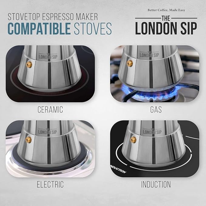 London Sip Stainless Steel Stovetop Espresso Maker Moka Pot Italian Coffee Percolator, Silver, 10 Espresso Cups