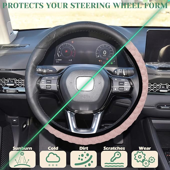 Elastic Stretch Steering Wheel Cover Soft Steering Wheel Protector for Women Girls, Universal 15 inch, Cool in Summer, Microfiber Breathable Ice Silk, Anti-Slip, Easy Carry, Pink