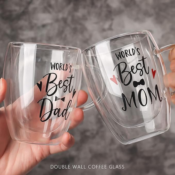 350ml Double Wall Glass Coffee Mugs Set, Clear Insulated Glass Mugs for Hot Beverages, Suitable for Tea, Latte, Espresso, Cappuccino (12 oz Dad Mom)