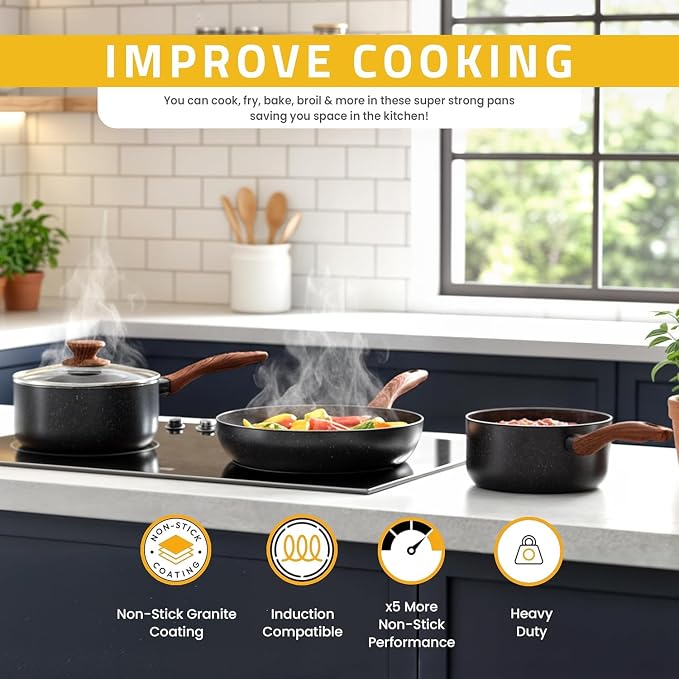 KICHLY Granite Pots and Pans Set Non Stick 8 Piece Cookware Set, Induction Frying Pans, Saucepan with Lids, Induction Compatible Cookware, PFOA-Free Non-Stick Cooking Set, Black
